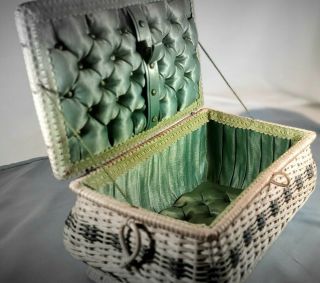 Vintage Antique Wicker Sewing Box | Green Lining W/tufted Inner Lid | Germany